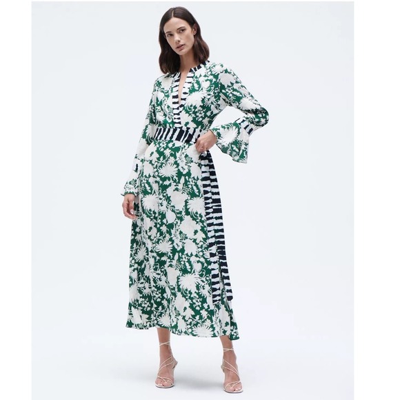 Figue Dresses & Skirts - Figue Calliope Wrap Dress Green White Floral Striped V-Neck Bell Cuff Maxi
